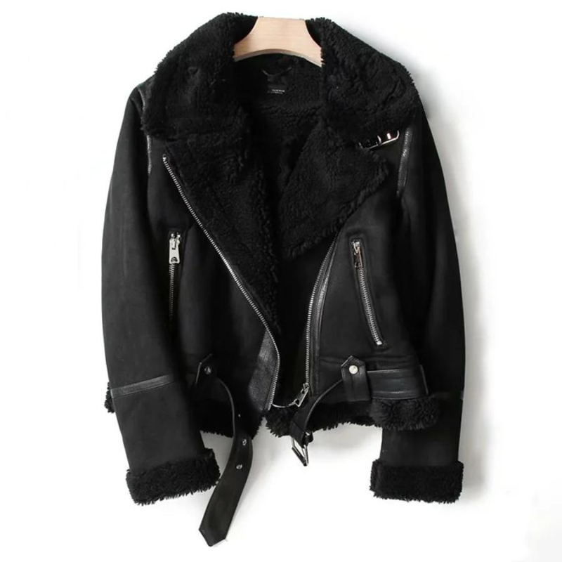 Chaqueta Biker de Mujer con Forro Teddy y Cremallera Diagonal