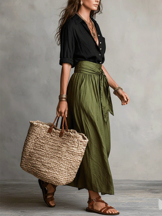 Aitana | Ensemble deux pièces avec chemise noire et jupe midi vert olive pour femme