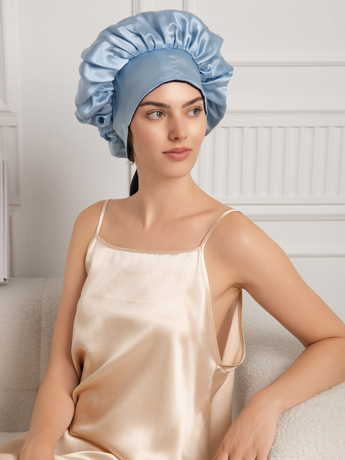 Gorro de noche casual de seda pura con cintas largas (Bicolor y reversible)