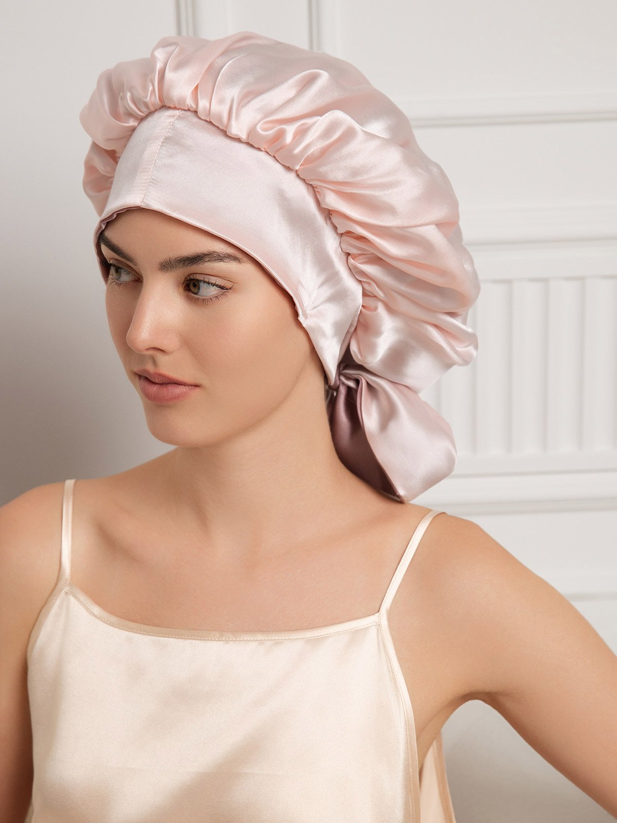 Gorro de noche casual de seda pura con cintas largas (Bicolor y reversible)