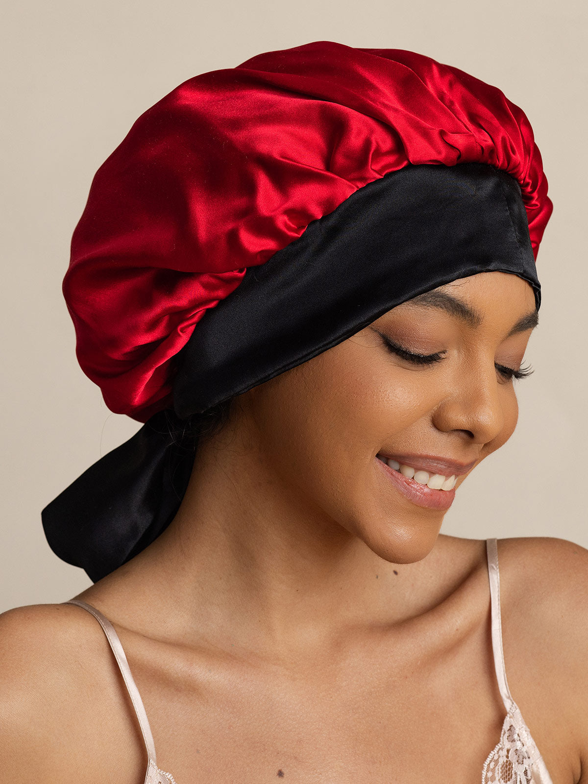 Gorro de noche casual de seda pura con cintas largas (Bicolor y reversible)
