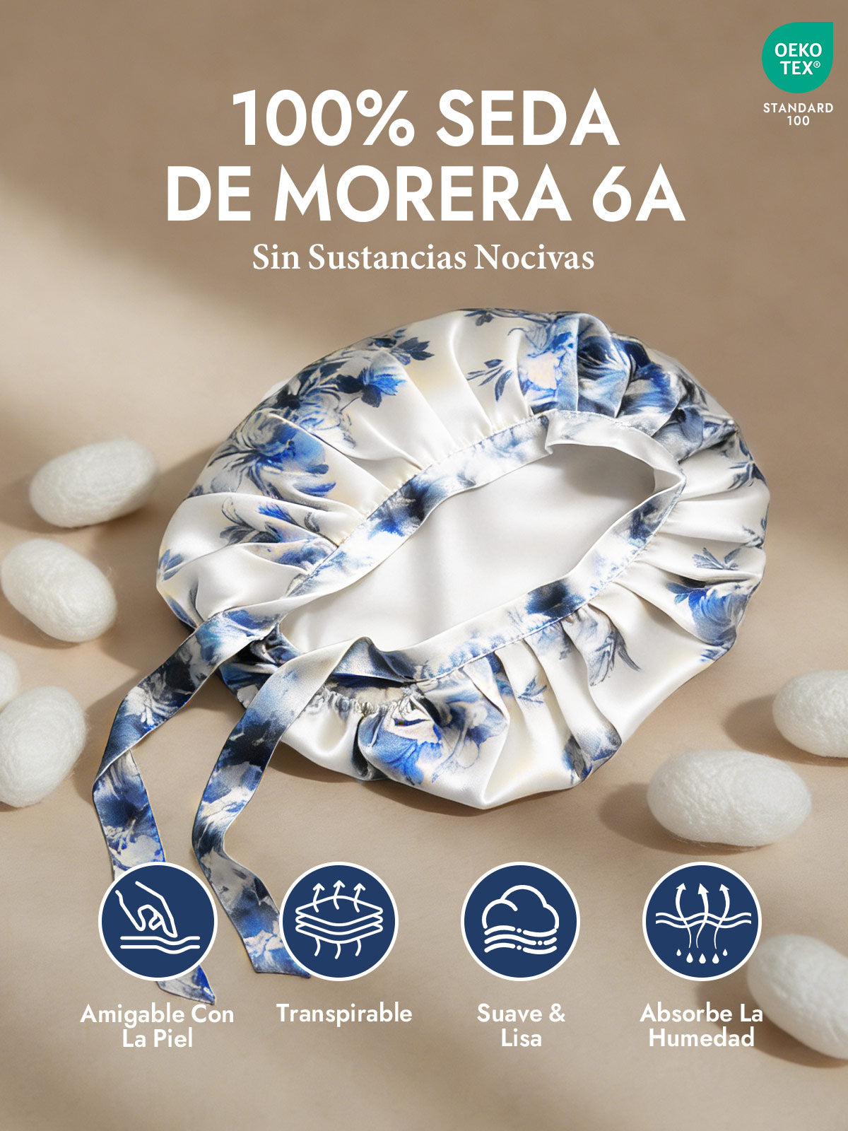 Gorro de Dormir de 100% Seda de Morera con Cintas