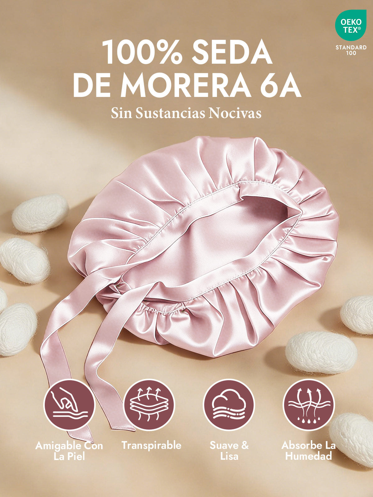 Gorro de Dormir de 100% Seda de Morera con Cintas