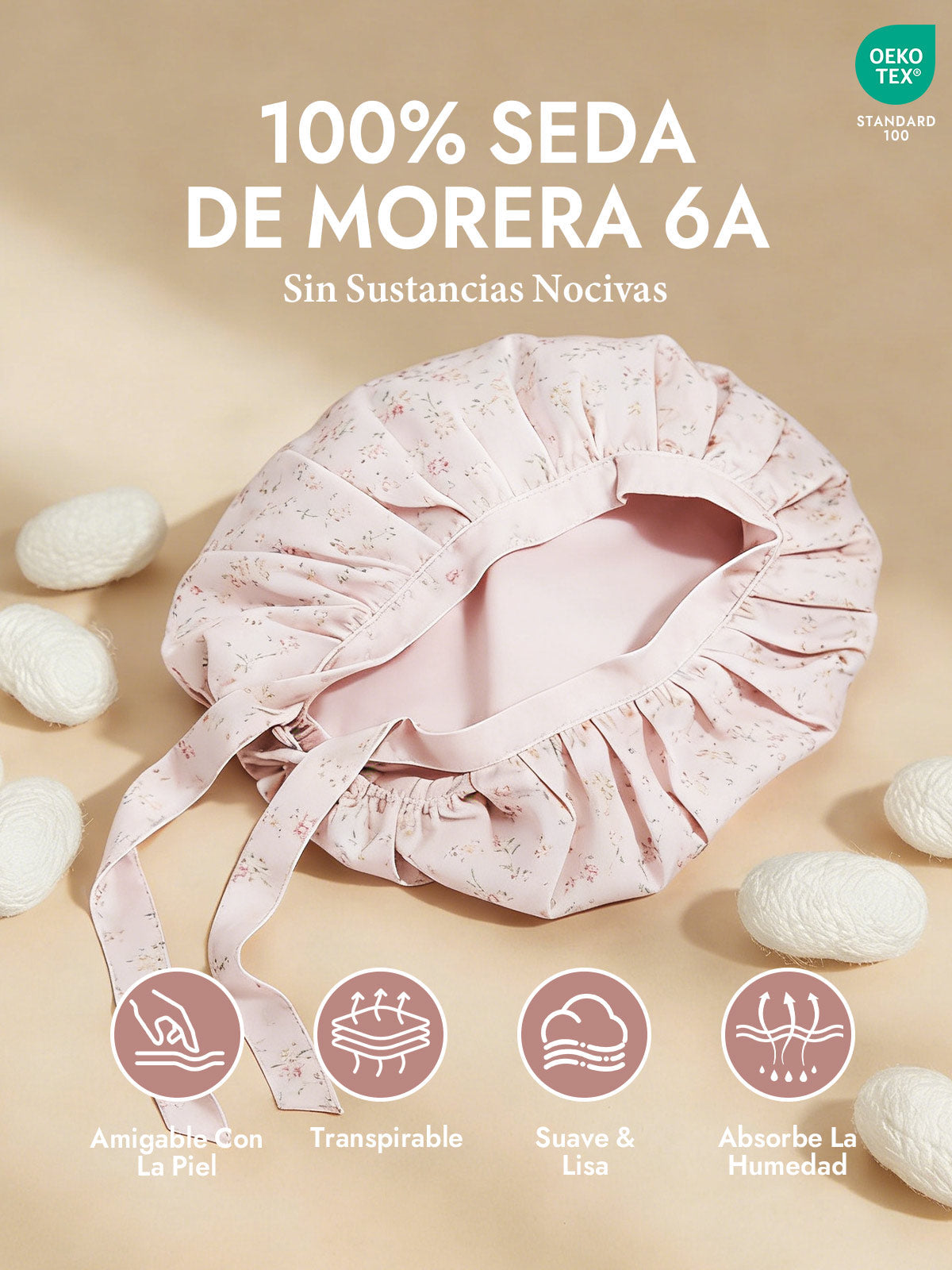 Gorro de Dormir de 100% Seda de Morera con Cintas