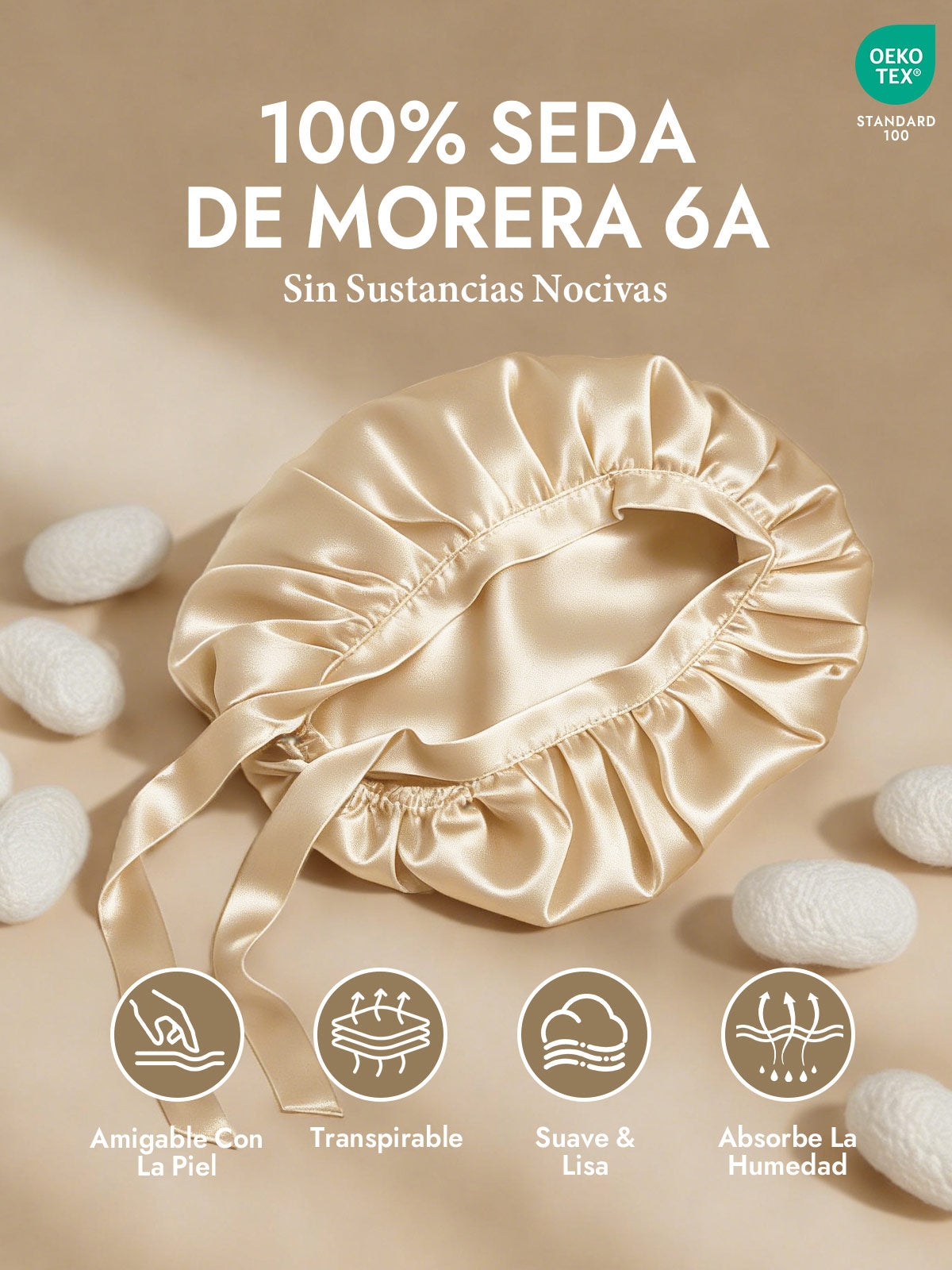 Gorro de Dormir de 100% Seda de Morera con Cintas
