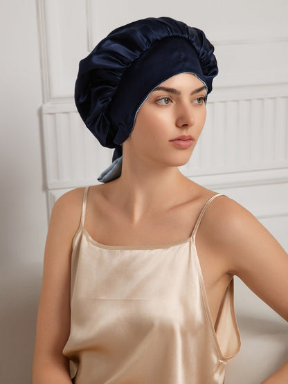 Gorro de noche casual de seda pura con cintas largas (Bicolor y reversible)