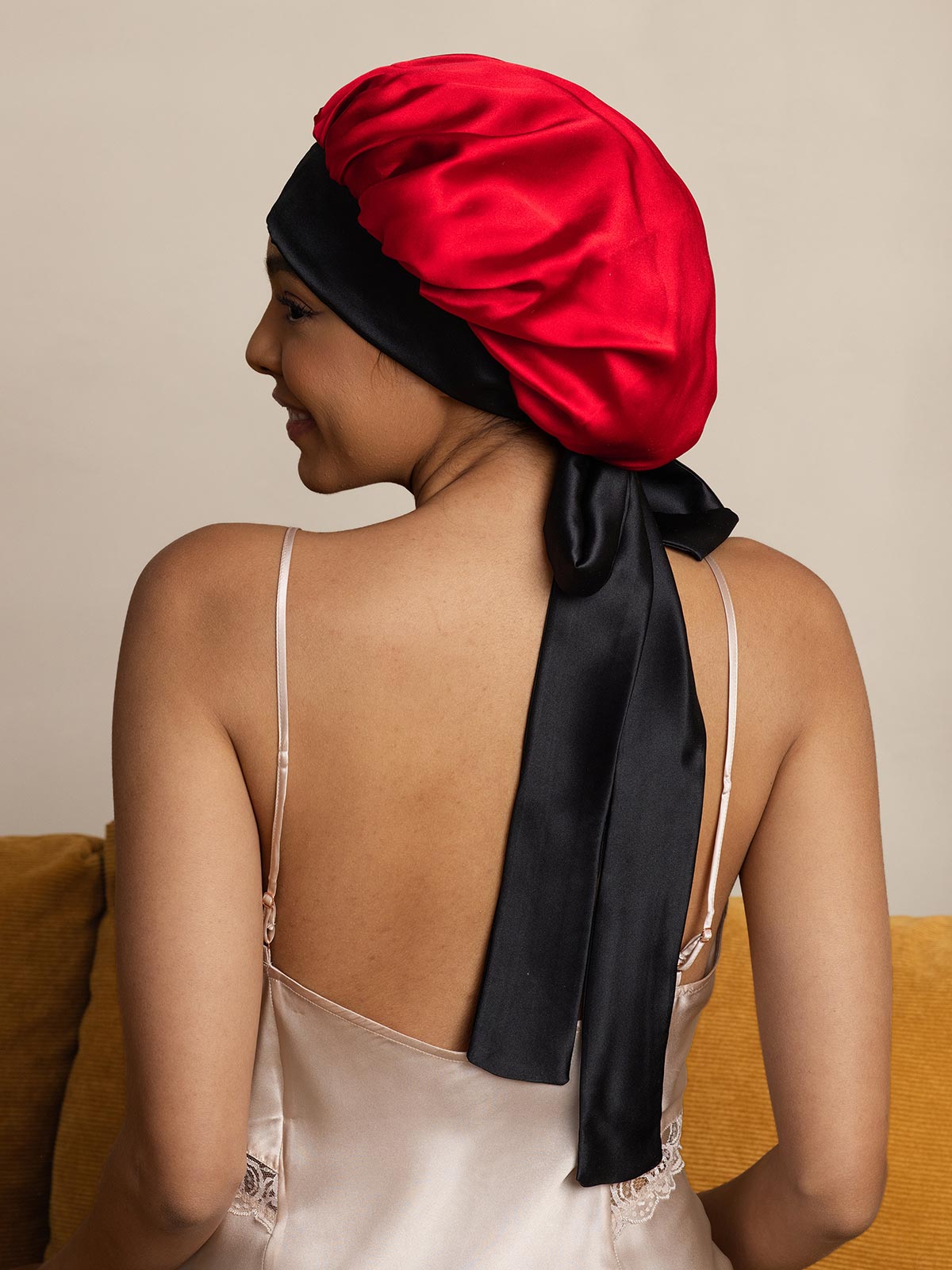 Gorro de noche casual de seda pura con cintas largas (Bicolor y reversible)