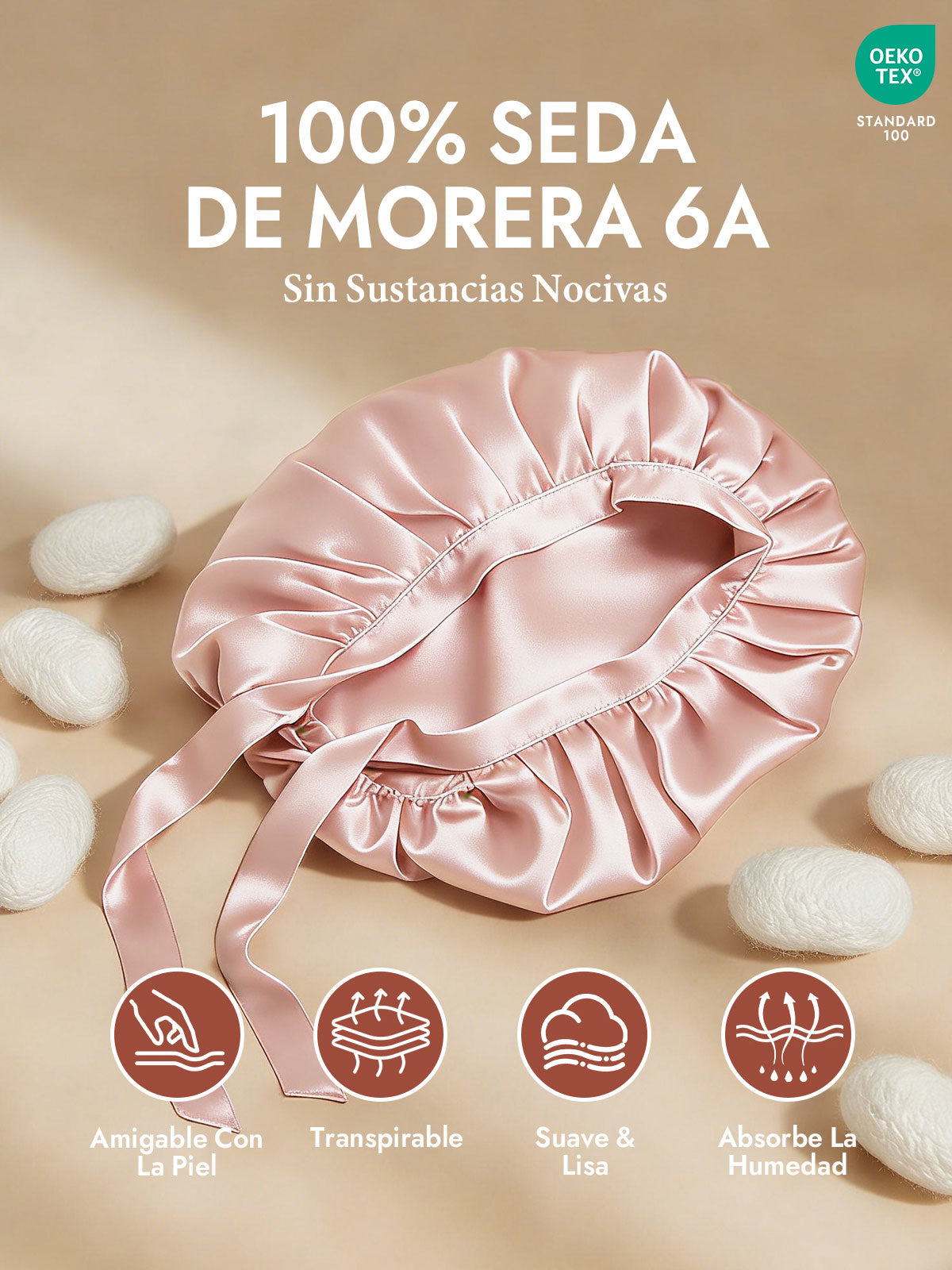 Gorro de Dormir de 100% Seda de Morera con Cintas