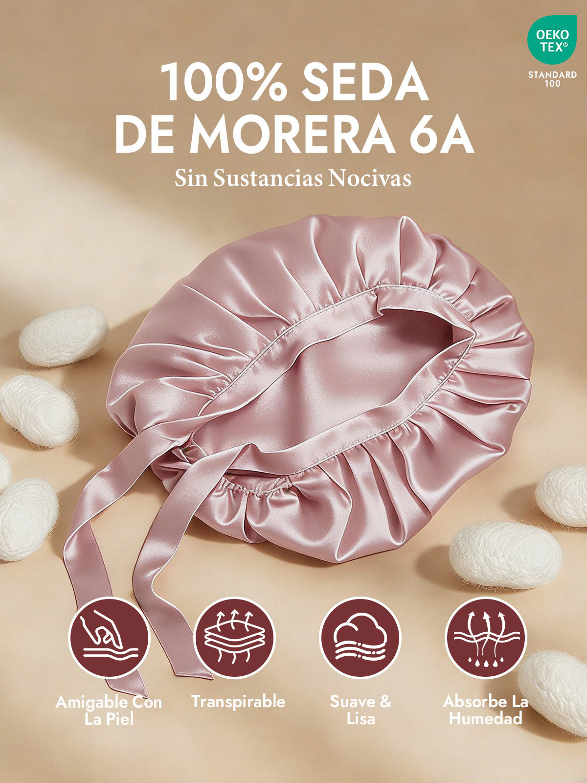 Gorro de Dormir de 100% Seda de Morera con Cintas