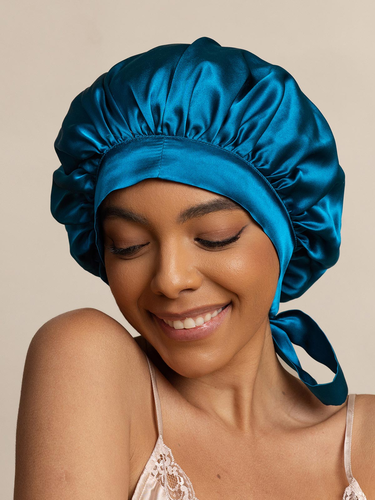 Gorro de Dormir para Mujer de 100% Seda de Mora con Cintas Largas
