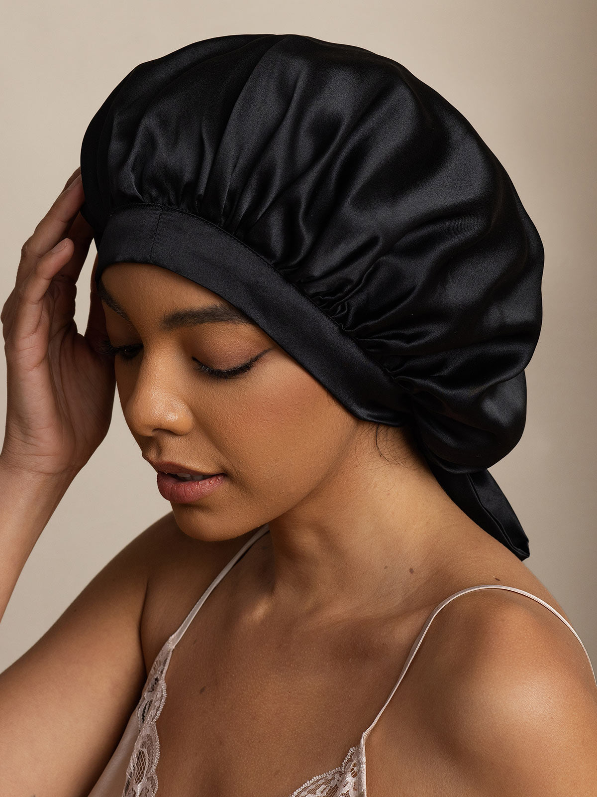 Gorro de Dormir para Mujer de 100% Seda de Mora con Cintas Largas