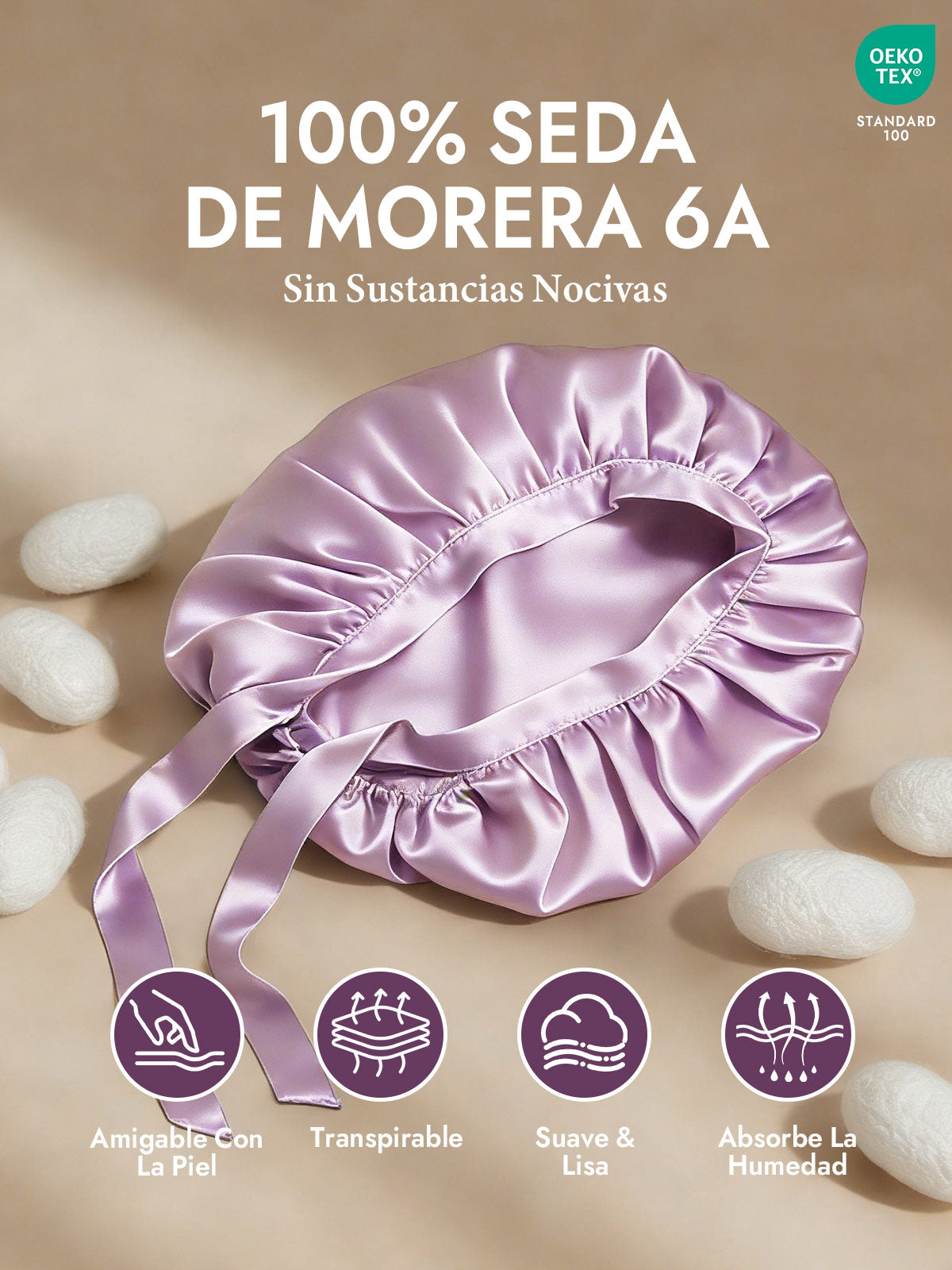 Gorro de Dormir de 100% Seda de Morera con Cintas