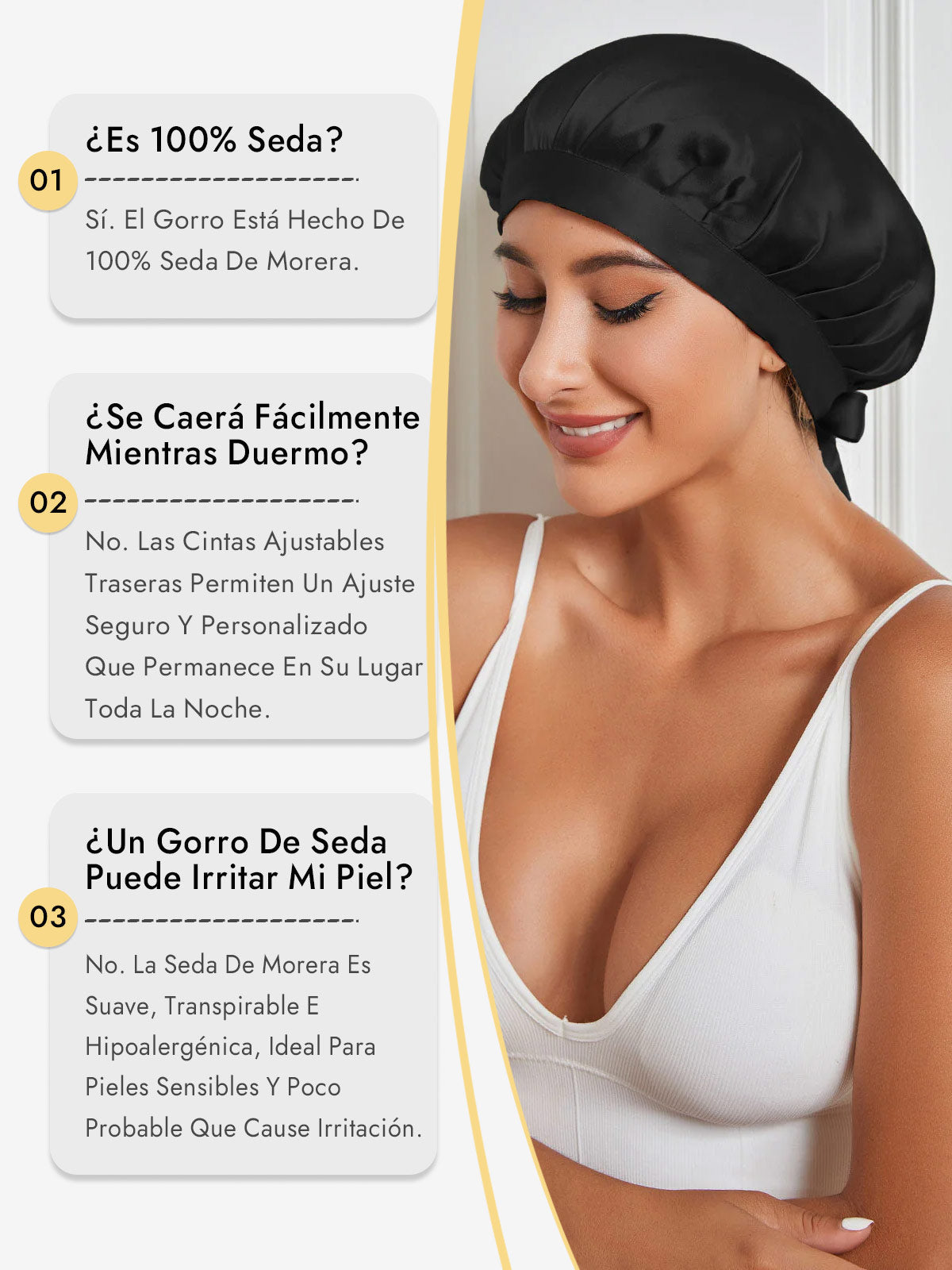 Gorro de Dormir de 100% Seda de Morera con Cintas