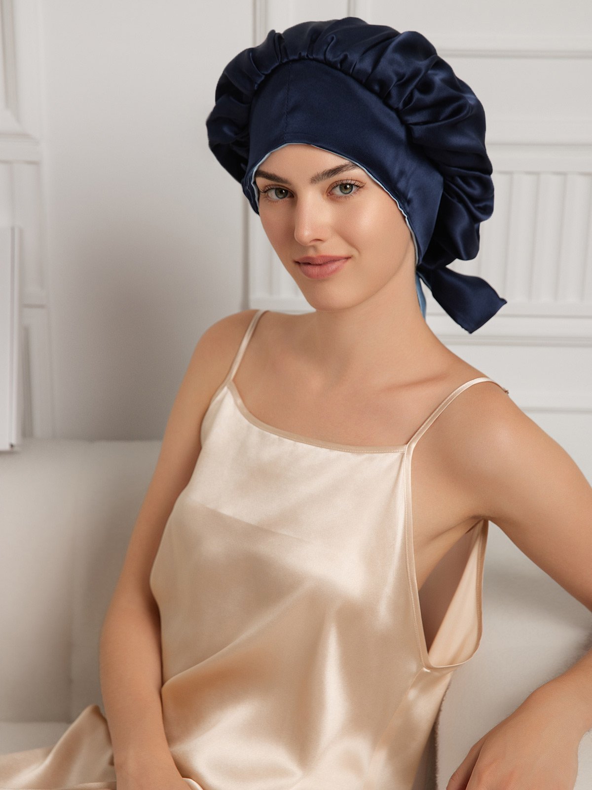 Gorro de noche casual de seda pura con cintas largas (Bicolor y reversible)