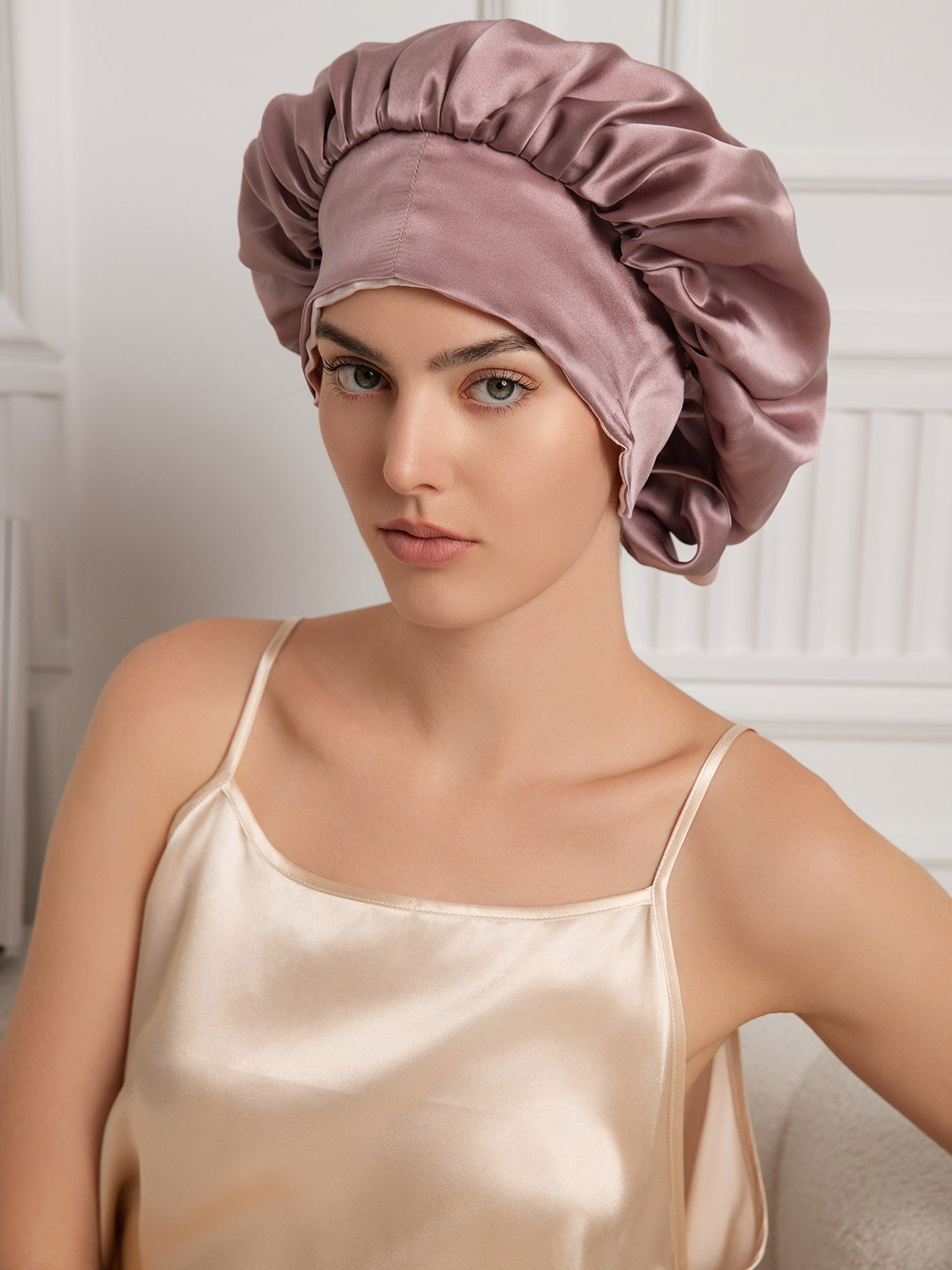Gorro de noche casual de seda pura con cintas largas (Bicolor y reversible)