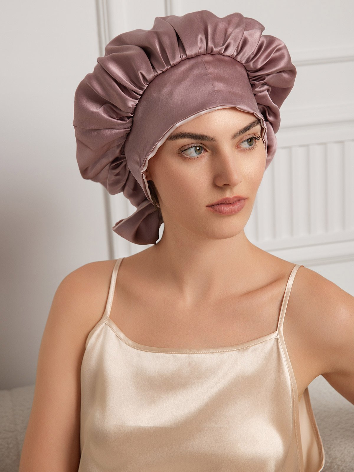 Gorro de noche casual de seda pura con cintas largas (Bicolor y reversible)