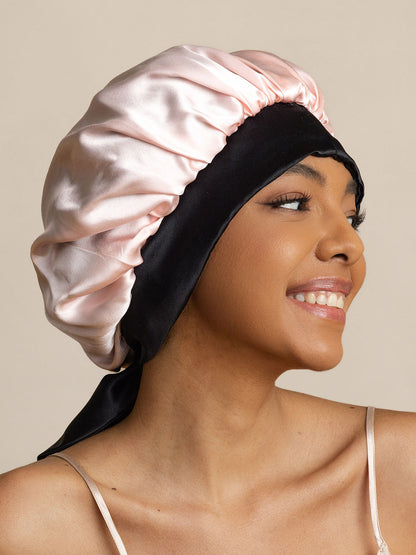 Gorro de noche casual de seda pura con cintas largas (Bicolor y reversible)