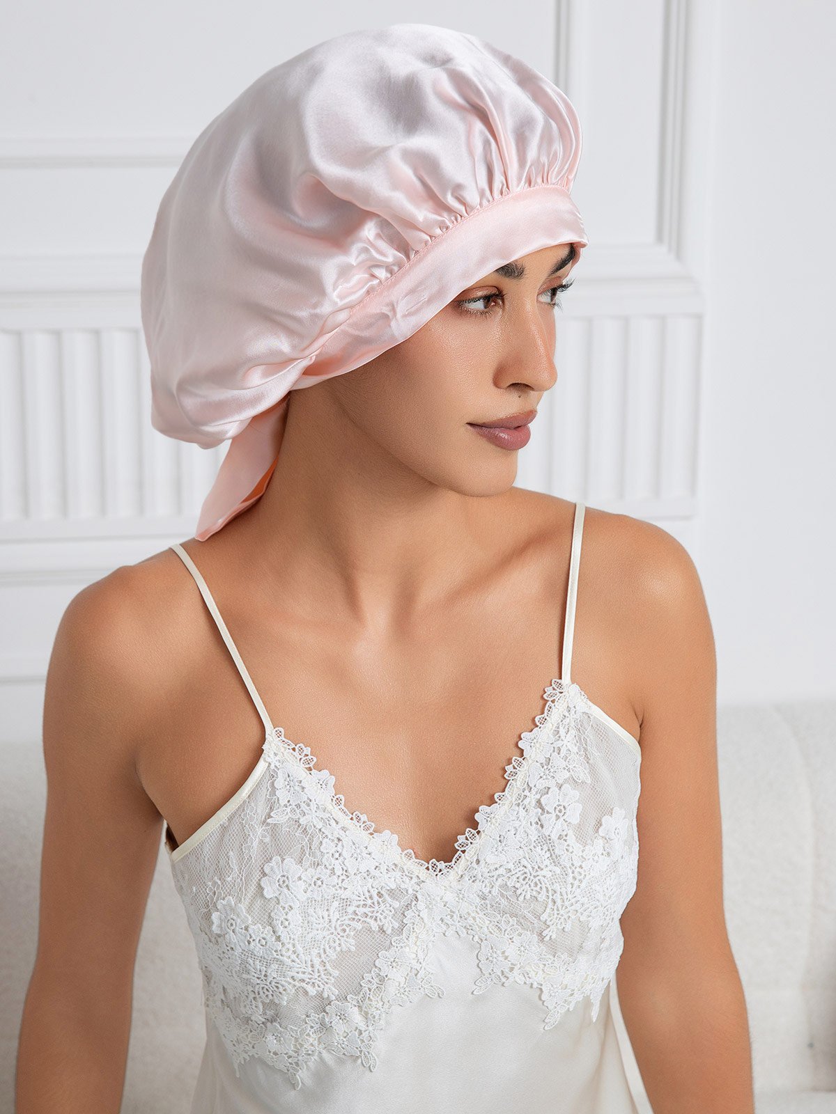 Gorro de dormir elegante de seda pura con cintas largas