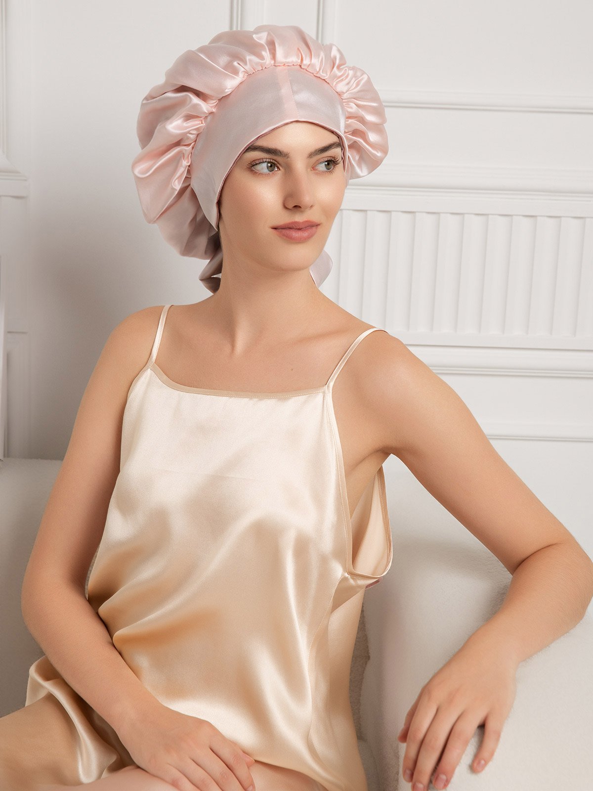 Gorro de noche casual de seda pura con cintas largas (Bicolor y reversible)