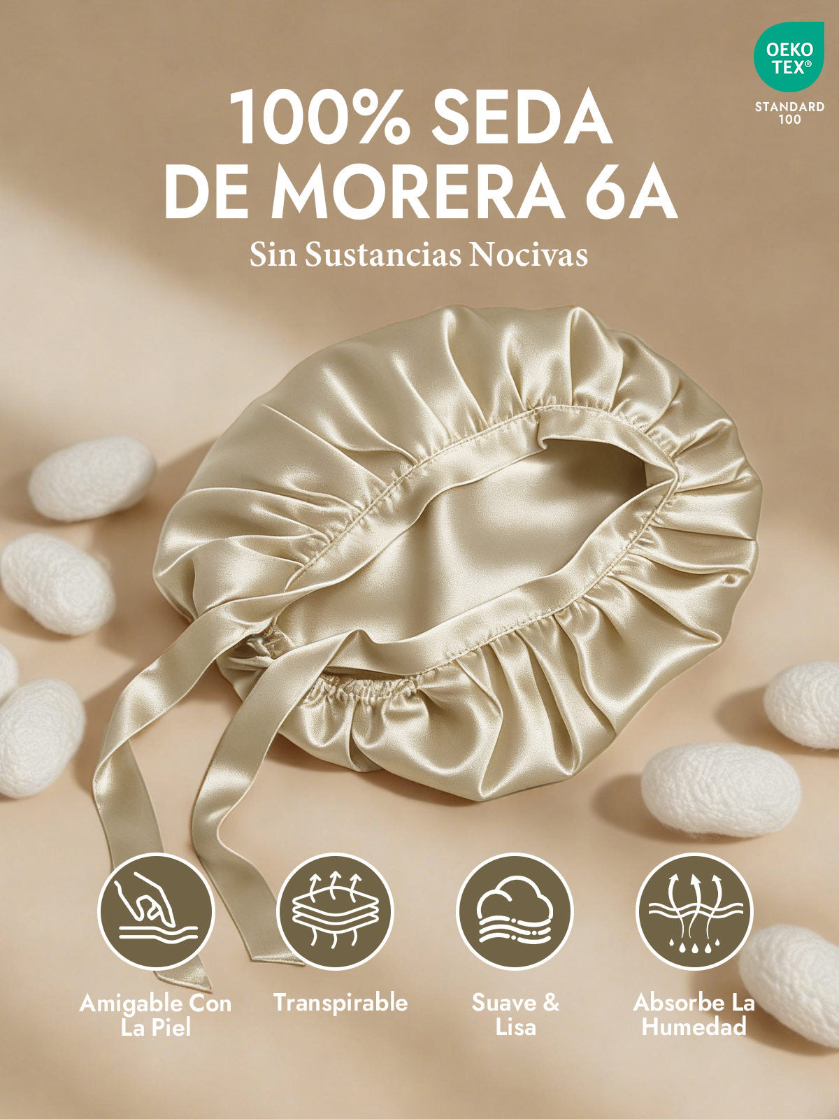 Gorro de Dormir de 100% Seda de Morera con Cintas