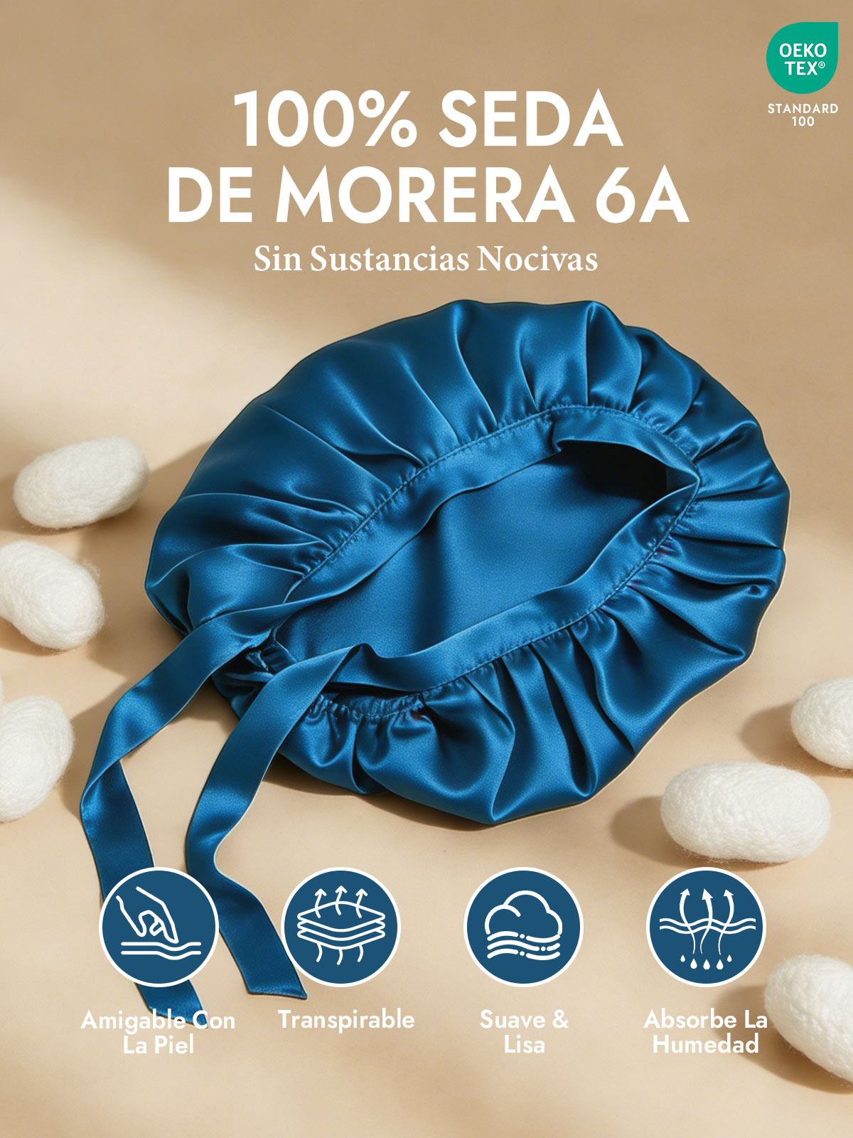 Gorro de Dormir de 100% Seda de Morera con Cintas