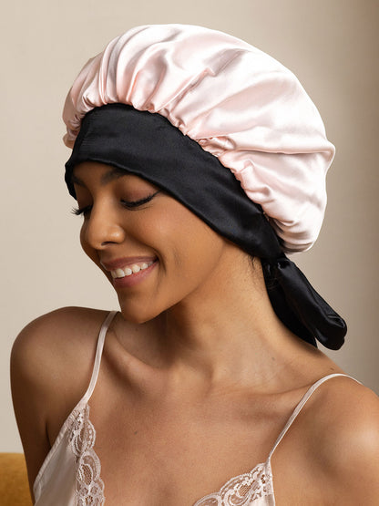 Gorro de noche casual de seda pura con cintas largas (Bicolor y reversible)