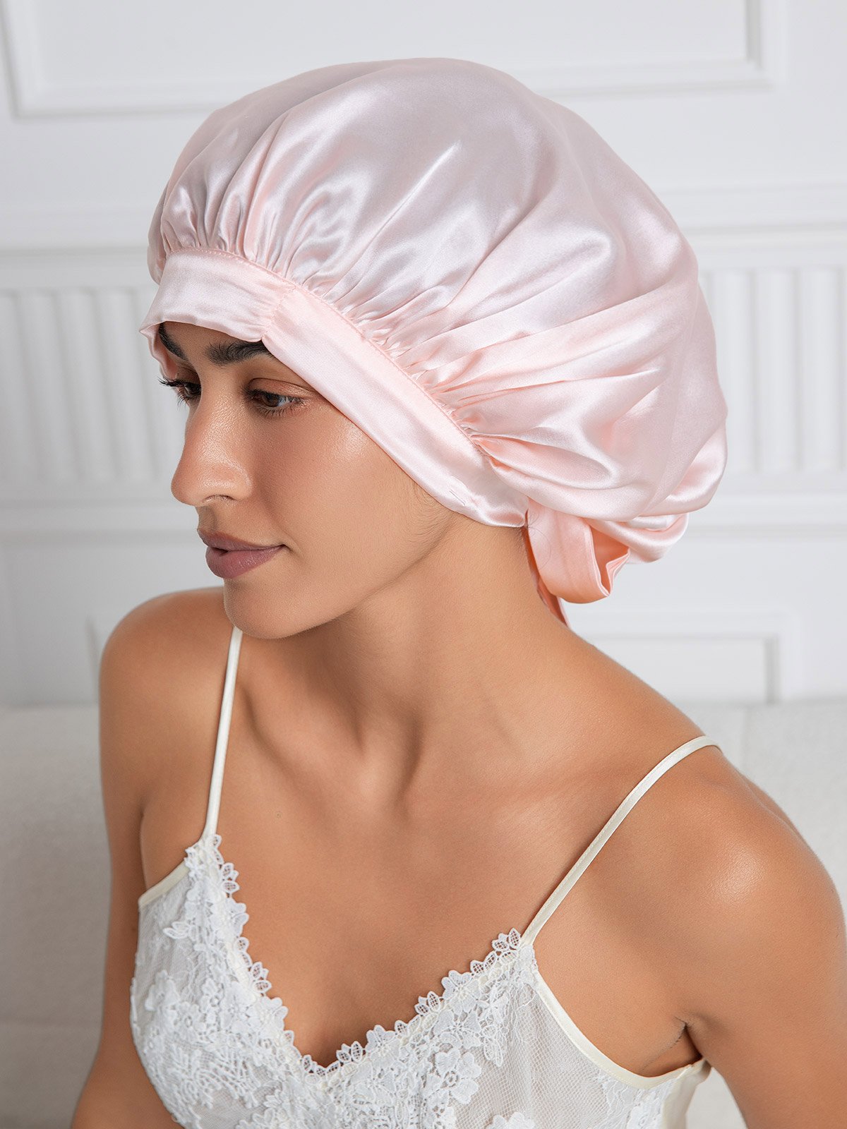 Gorro de dormir elegante de seda pura con cintas largas