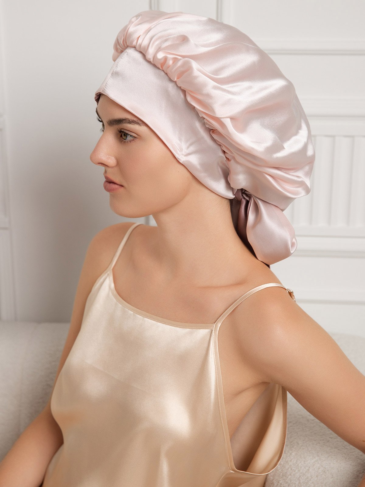 Gorro de noche casual de seda pura con cintas largas (Bicolor y reversible)
