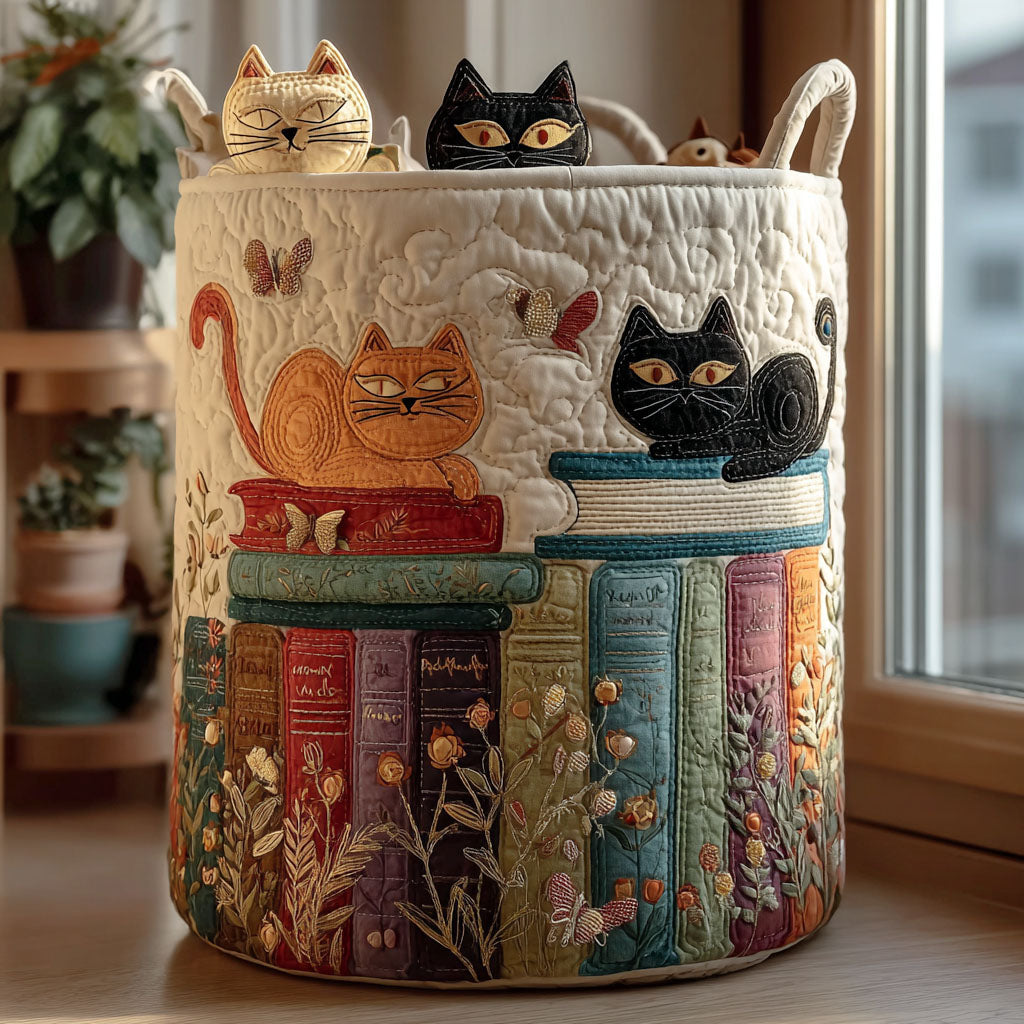 Gato y Libros | Cesto para la Ropa Hecho a Mano