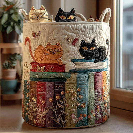 Gato y Libros | Cesto para la Ropa Hecho a Mano