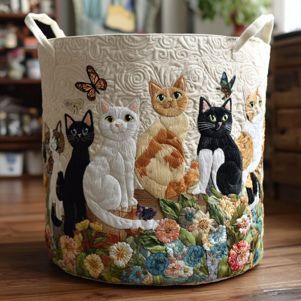 Gatos en el Jardín | Cesto para la Ropa Hecho a Mano