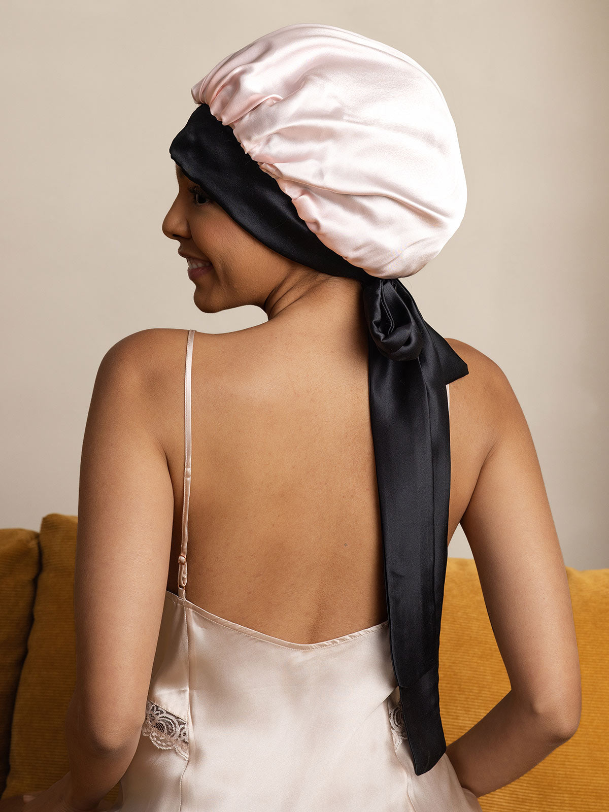 Gorro de noche casual de seda pura con cintas largas (Bicolor y reversible)