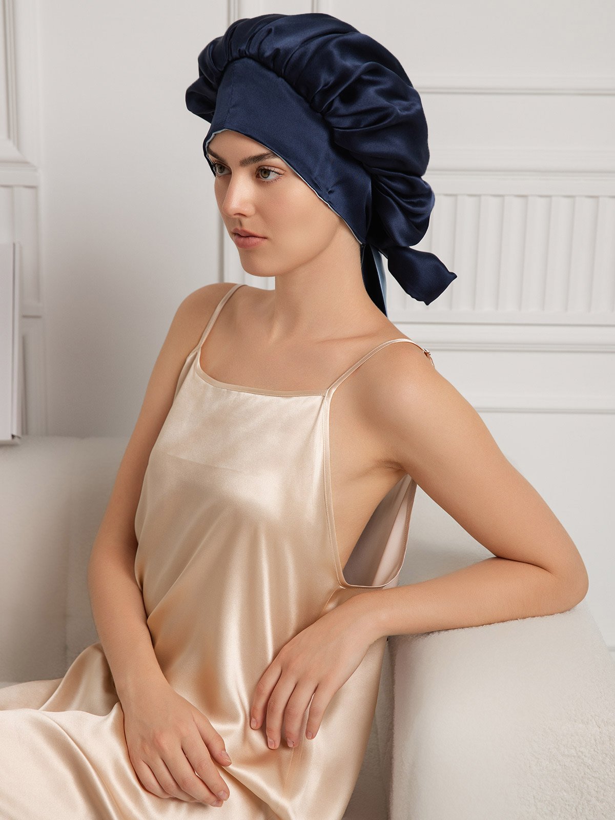 Gorro de noche casual de seda pura con cintas largas (Bicolor y reversible)