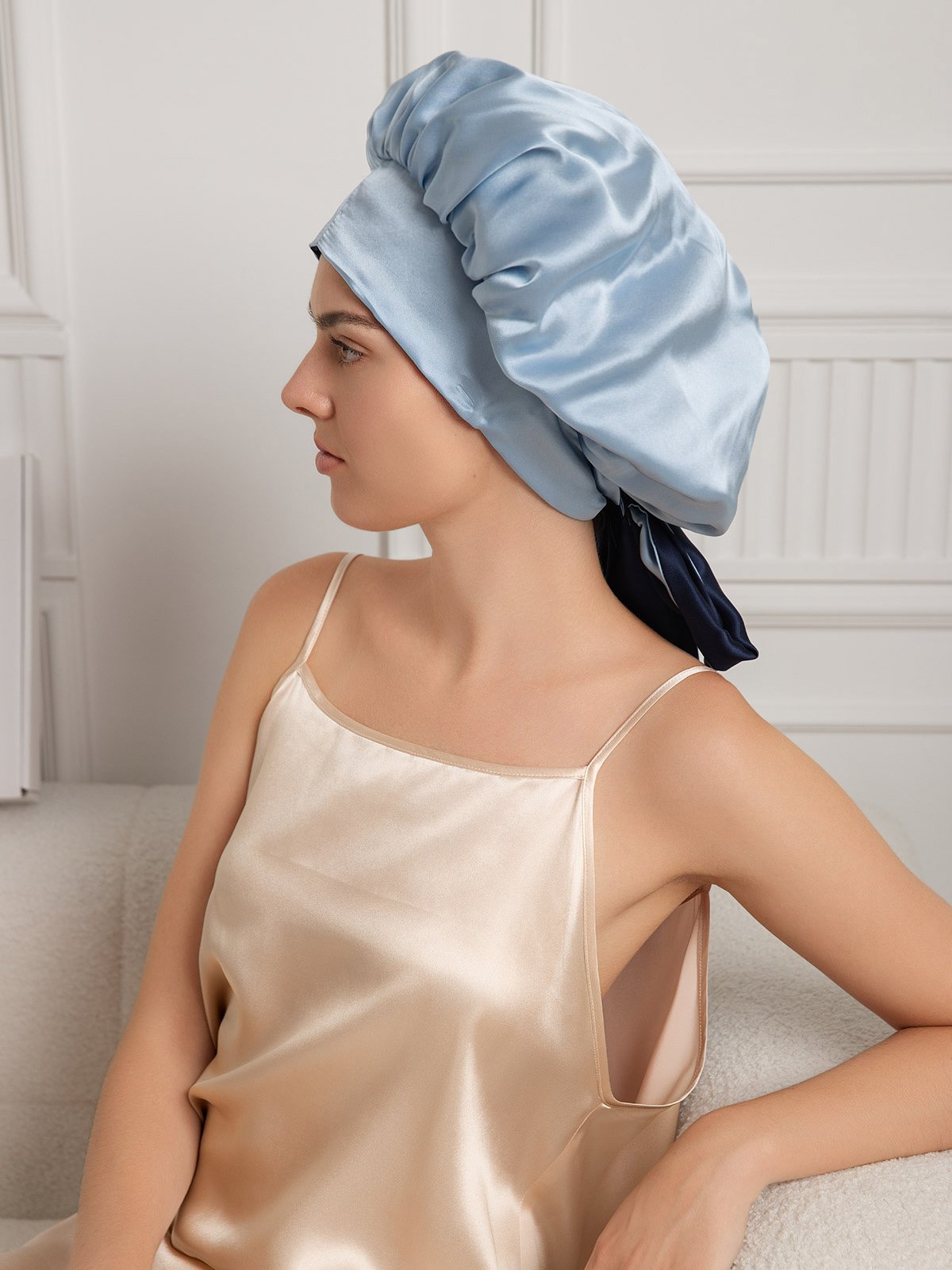 Gorro de noche casual de seda pura con cintas largas (Bicolor y reversible)