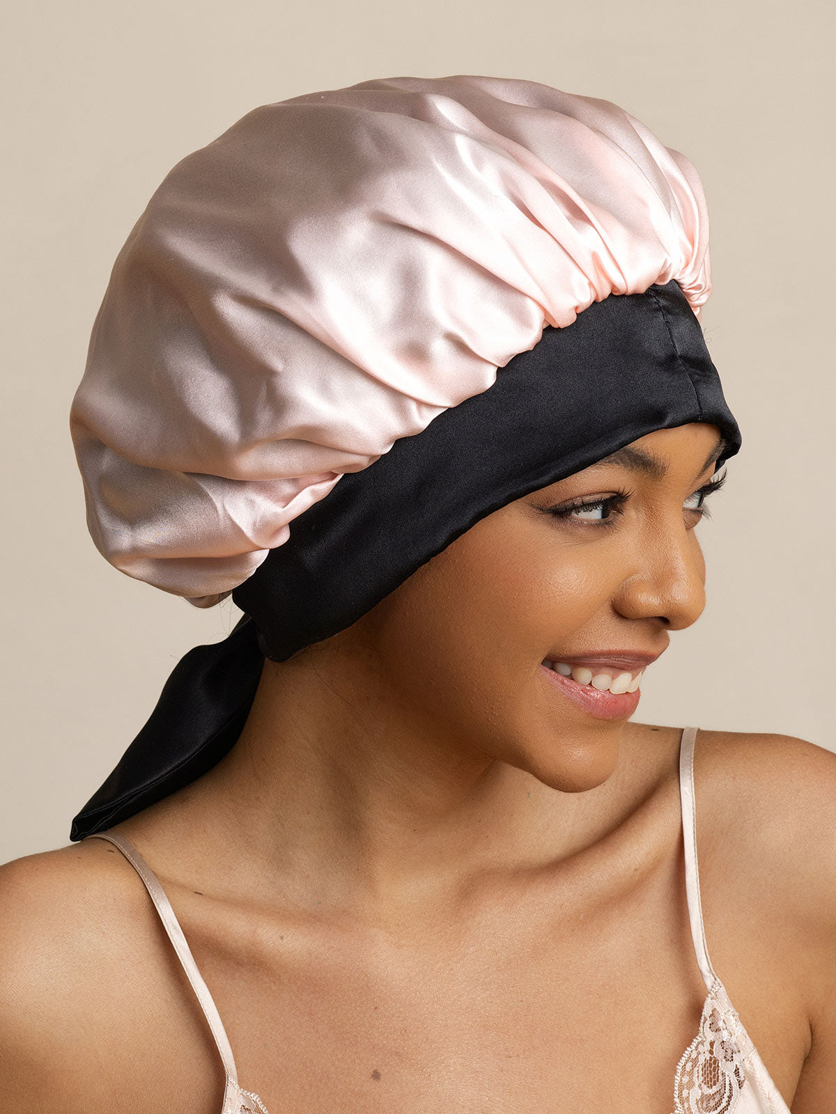 Gorro de noche casual de seda pura con cintas largas (Bicolor y reversible)