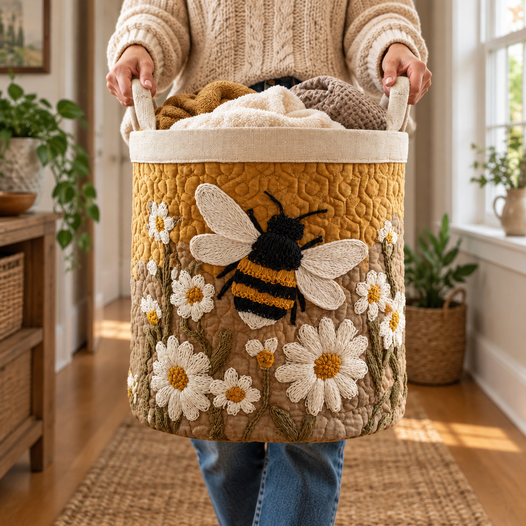 Abeja - cesto lleno de ropa en uso